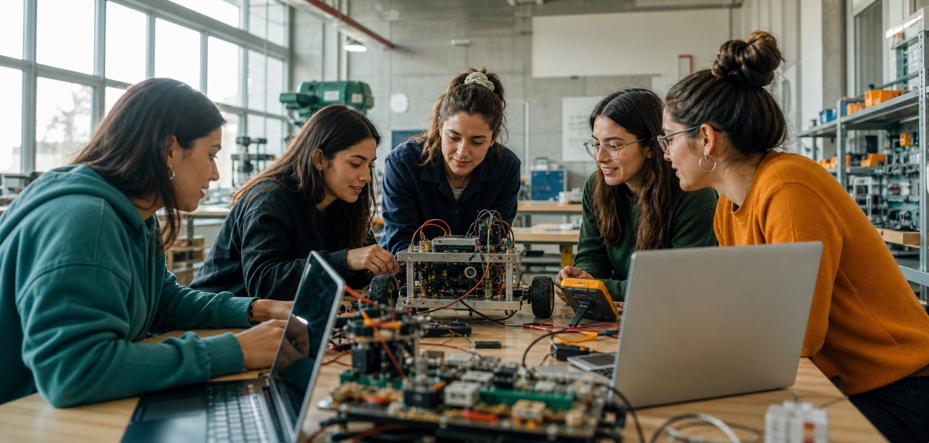 Estudiantes de ingeniería trabajando en equipo en un laboratorio